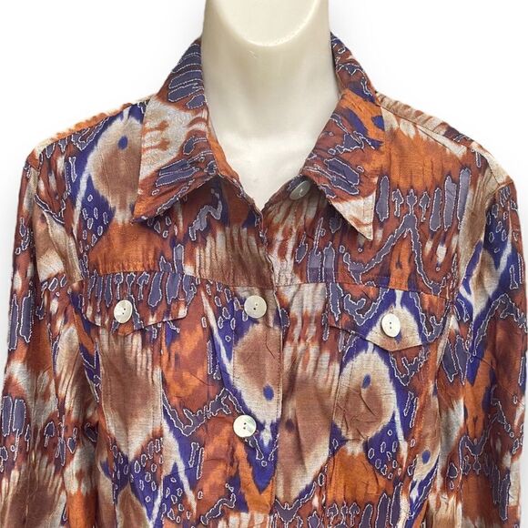 Ruby Rd Mesh Cutout Feather Ikat  Shell Button Flap Pocket Tab Sleeve Blouse - Picture 8 of 16